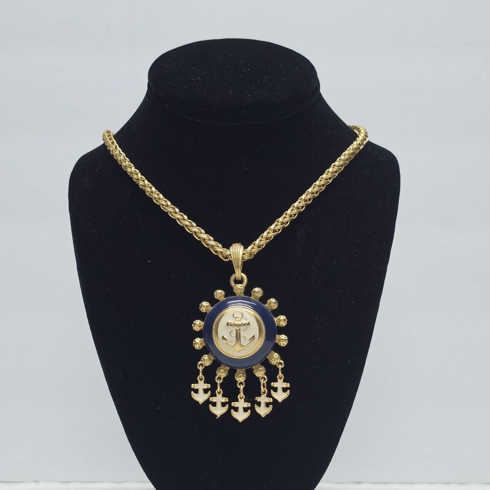 Vintage 90s Anchor Pendant Gold Tone Statement Necklace Massive Chain Nautical